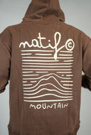 Hoodie zippé, version unisexe en coton bio, couleur marron et blanc avec un design de montagne de la marque de vêtements Natif