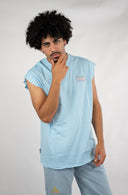 Débardeur Natif bleu classic, coton bio et col rond, avec une etiquette Natif brodée