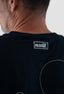 T-shirt noir des Mèdes à Porquerolles, broderie avec étiquette personnalisée, en coton bio pour homme et femme.