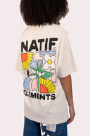 T-shirt unisexe Natif Elements, coton bio et col rond, couleur crème avec des fleurs, soleil et des éléments Natif pour un style connecté à la nature