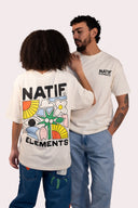 T-shirt unisexe Natif Elements, coton bio et col rond, couleur crème avec des fleurs, soleil et des élèments Natif pour un style connecté à la nature