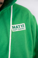 Hoodie zip avec capuche, couleur vert, Natif Cap Ferret, pour tous les amoureux de cette magnifique ville en coton bio.