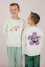 Sweat coton bio pour enfant, col rond et couleur crème, avec un style good vibes et floral, broderie de fleur en violet