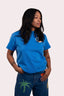 T-shirt manches courtes pour femme, couleur bleu et en coton bio avec col rond, design sea lover au style surf