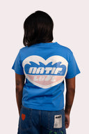 T-shirt manches courtes pour femme, couleur bleu et en coton bio avec col rond, design sea lover au style surf