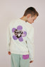 Sweat coton bio pour enfant, col rond et couleur crème, avec un style good vibes et floral, broderie de fleur en violet