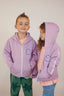 Hoodie zip en coton bio, couleur violet avec capuche, design de fleurs au style good vibes de la marque de vêtements Natif