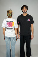 T-shirt noir unisexe en coton organique col rond de la marque de vêtement Natif avec la mention endless summer