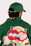 Veste verte avec des patch de fleurs, good vibes et Natif, coton bio pour homme et femme.