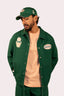 Veste verte avec des patch de fleurs, good vibes et Natif, coton bio pour homme et femme.
